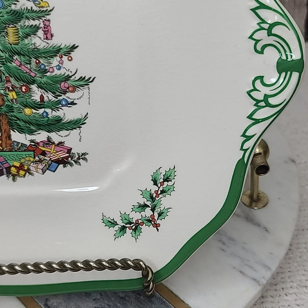 Spode Christmas Tree Vintage Collectible Ceramic Handled Square Cake Plate